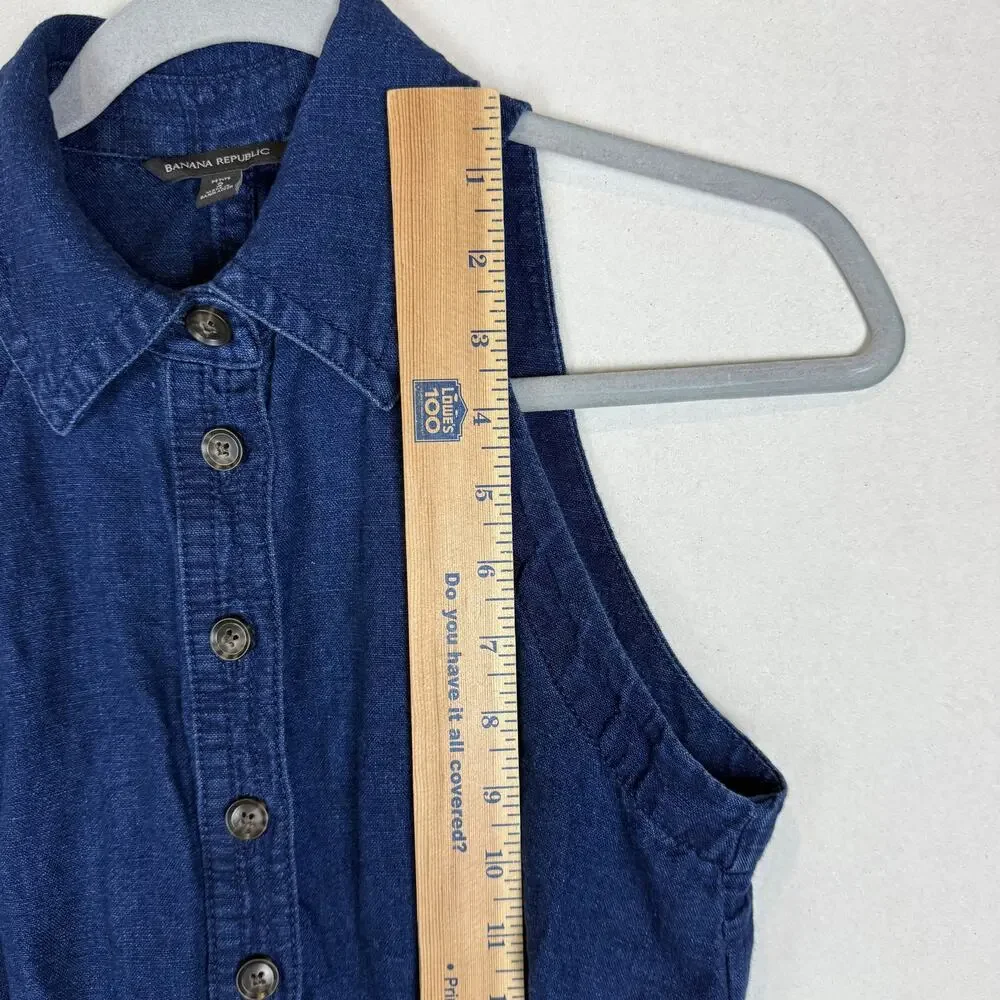 Banana Republic Camp Romper Womens 2 Petite Blue Linen Button Front Tie Waist‎